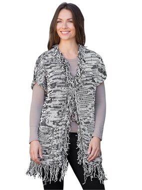 Pure Handknit Black/White Cotton Knit Fringe Long Vest Cardigan Sweater (XS/S)